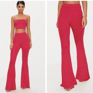 PRETTY LITTLE THING RED POLKA DOT CROP TOP & FLARED PANTS SET, SZ 2